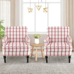 Tangkula Modern Accent Armchair Upholstered Single Sofa Chair W/ Rubber Wood Legs Red Checkerboard