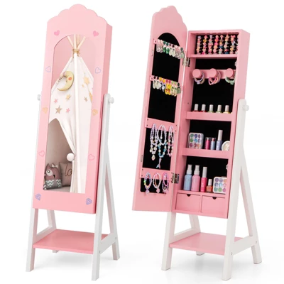 Tangkula Kids Jewelry Armoire Cabinet Freestanding Full Length Dressing Mirror With Large Capacity Pink/White 9 Tangkula Kids Jewelry Armoire Cabinet Freestanding Full Length Dressing Mirror With Large Capacity Pink/White - Image 9