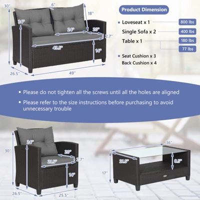 Tangkula 4-Piece Outdoor Rattan Furniture Set with Cushioned Sofa & Table 4 Tangkula 4-Piece Outdoor Rattan Furniture Set with Cushioned Sofa & Table - Image 4