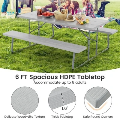 Tangkula Folding Picnic Table W/ 2 Benches 6 FT Camping Table Set W/ All-Weather HDPE Tabletop Grey 4 Tangkula Folding Picnic Table W/ 2 Benches 6 FT Camping Table Set W/ All-Weather HDPE Tabletop Grey - Image 4