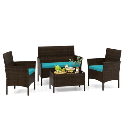 Tangkula 4 Piece Patio Rattan Conversation Set with Tempered Glass Table 14 Tangkula 4 Piece Patio Rattan Conversation Set with Tempered Glass Table - Image 14