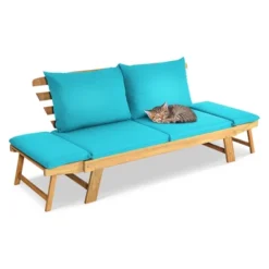 Tangkula Adjustable Patio Sofa Daybed Acacia Wood Furniture W/ Navy & Turquoise Sets Cushion -Tangkula Shop GUEST abbb18e1 12f1 48ca 8735 3ce24a1f38fe