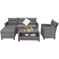 Tangkula 4-Piece Patio Rattan Furniture Set with Wicker Sofa, Lounge, and Table