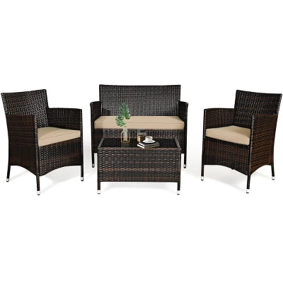 Tangkula 4-Piece Patio Rattan Wicker Conversation Furniture Set 3 Tangkula 4-Piece Patio Rattan Wicker Conversation Furniture Set - Image 3