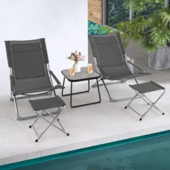 Tangkula 5-Piece Patio Sling Chair Set Folding Lounge Chairs W/ Coffee Table Yard, Poolside