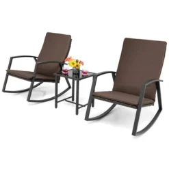 Tangkula 3PCS Rattan Bistro Rocking Chair Set Patio Furniture Set W/ Cushions -Tangkula Shop GUEST aca17200 7eeb 4ed2 8142 e42abb2fb012