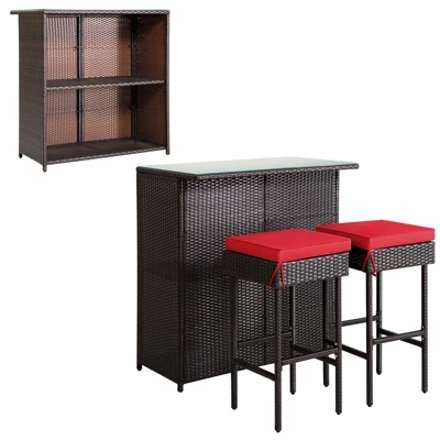 Tangkula 3-Piece Patio Wicker Rattan Bar Set with Shelved Table and Red Cushioned Stools 7 Tangkula 3-Piece Patio Wicker Rattan Bar Set with Shelved Table and Red Cushioned Stools - Image 7