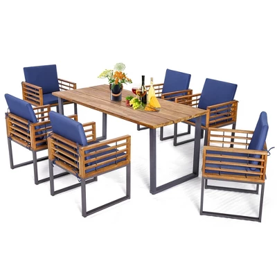 Tangkula 7PCS Acacia Wood Patio Dining Set Cushioned Dining Chair & Table Set W/ Umbrella Hole 7 Tangkula 7PCS Acacia Wood Patio Dining Set Cushioned Dining Chair & Table Set W/ Umbrella Hole - Image 7