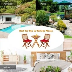 Tangkula 3PCS Folding Acacia Wood Bistro Set Patio Conversation Set W/ Red Cushions -Tangkula Shop GUEST acf016a4 37b6 4a14 89ce 442577c5addc