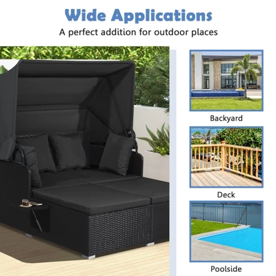 Tangkula Patio Rattan Daybed With Retractable Canopy Wicker Sun Lounger With 2 Foldable Side Panels Thick Seat & Back Cushions 9 Tangkula Patio Rattan Daybed With Retractable Canopy Wicker Sun Lounger With 2 Foldable Side Panels Thick Seat & Back Cushions - Image 9