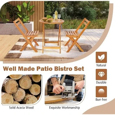 Tangkula 3PCS Folding Bistro Set Solid Acacia Wood Table & Chairs Slatted Tabletop Patio 7 Tangkula 3PCS Folding Bistro Set Solid Acacia Wood Table & Chairs Slatted Tabletop Patio - Image 7