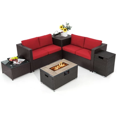Tangkula 6-Piece Outdoor Rattan Sectional Sofa Set with 40,000 BTU Fire Pit Table & Storage Box - Red 7 Tangkula 6-Piece Outdoor Rattan Sectional Sofa Set with 40,000 BTU Fire Pit Table & Storage Box - Red - Image 7
