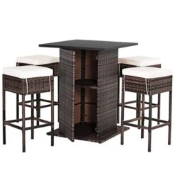 Tangkula 5 PCS Patio Rattan Dinning Set Conversation Set All Weather Wicker Bar Table Stool Set W/Hidden Storage Shelf & Cushions -Tangkula Shop GUEST ade4ba2f bf25 4ba2 962f 39ba97a34040
