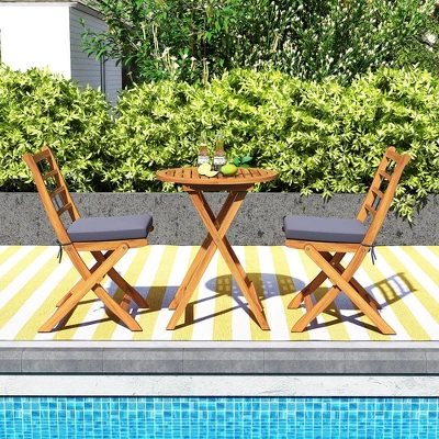Tangkula 3 Piece Patio Wood Bistro Set Folding Table Chair Set W/Soft Seat Cushions Acacia Wood Frame High-Back Portable Chairs 2 Tangkula 3 Piece Patio Wood Bistro Set Folding Table Chair Set W/Soft Seat Cushions Acacia Wood Frame High-Back Portable Chairs - Image 2
