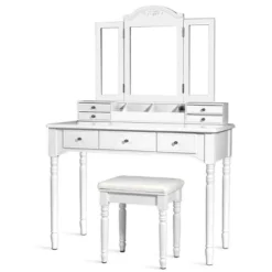 Tangkula 7 Drawers Tri-Folding Vanity Mirror Makeup Dressing Table Set W/ Necklace Hook -Tangkula Shop GUEST ae27b0b2 c6bf 4ee8 b8b2 e4b9a315a001