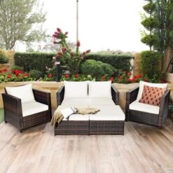 Tangkula 5-Piece Outdoor Wicker Conversation Set with Removable Cushions