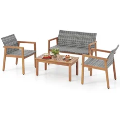 Tangkula 4-Piece Patio Furniture Set PE Rattan Patio Bistro Set With Loveseat Single Chairs & Coffee Table Outdoor Acacia Wood Conversation Set -Tangkula Shop GUEST aeb6d7d0 724a 45f7 a7d6 8ec05bc2596b