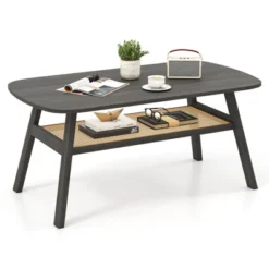 Tangkula 2-Tier Coffee Table W/ Rattan Storage Shelf & Rubber Wood Legs For Living Room -Tangkula Shop GUEST aeb8fb24 5fda 4ad7 9206 3065f491ef67