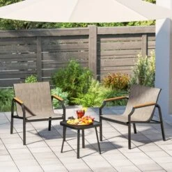 Tangkula 3-Piece Outdoor Bistro Set with Ergonomic Metal Armchairs and Tempered Glass Table