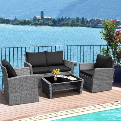 Tangkula 4-Piece Patio Rattan Conversation Set with Black Cushions & Coffee Table 2 Tangkula 4-Piece Patio Rattan Conversation Set with Black Cushions & Coffee Table - Image 2