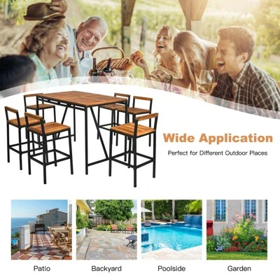 Tangkula 7-Piece Patio Rattan Bar Set with Acacia Wood Top and 6 Stools 5 Tangkula 7-Piece Patio Rattan Bar Set with Acacia Wood Top and 6 Stools - Image 5