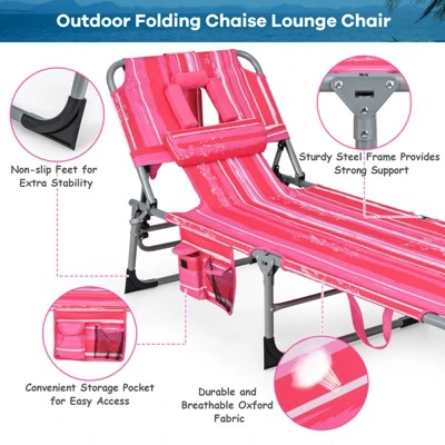Tangkula Lounge Chair Beach Chair W/ Face Arm Hole Detachable Pillow Adjustable Backrest Side Pocket Outdoor Folding Chaise Sunbathing Chair Hot Pink 4 Tangkula Lounge Chair Beach Chair W/ Face Arm Hole Detachable Pillow Adjustable Backrest Side Pocket Outdoor Folding Chaise Sunbathing Chair Hot Pink - Image 4