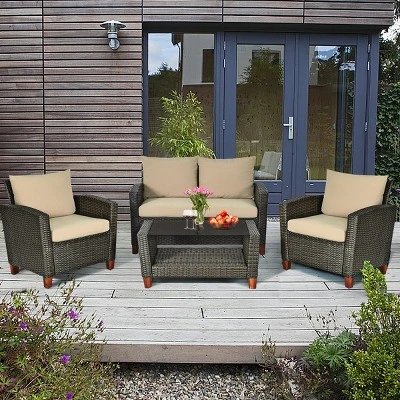 Tangkula 4PCS Cushioned Rattan Conversation Set W/ Coffee Table Patio Outdoor 2 Tangkula 4PCS Cushioned Rattan Conversation Set W/ Coffee Table Patio Outdoor - Image 2