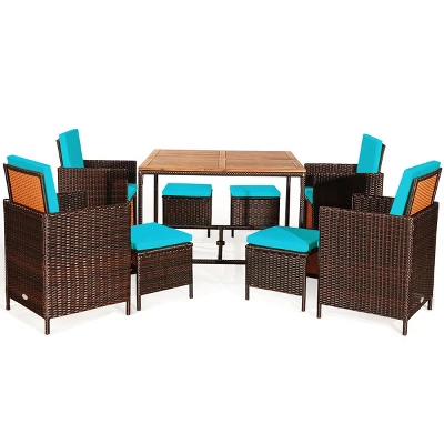 Tangkula 9 PCS Outdoor Patio Dining Set Conversation Furniture W/ Removable Cushions Turquoise 2 Tangkula 9 PCS Outdoor Patio Dining Set Conversation Furniture W/ Removable Cushions Turquoise - Image 2