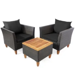 Tangkula 3PCS Patio Furniture Set Conversation Bistro Set W/ Acacia Wood & Cushions Black -Tangkula Shop GUEST b15f6fcc 8189 4a92 9fc0 b4778155812f