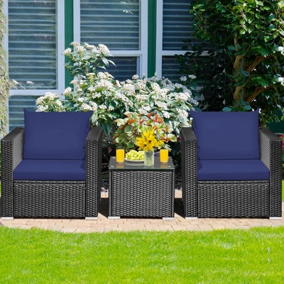 Tangkula 3-Piece Outdoor Rattan Conversation Set - Navy Blue Cushions 1 Tangkula 3-Piece Outdoor Rattan Conversation Set - Navy Blue Cushions