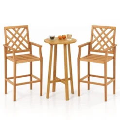 Tangkula 3-Piece Teak Patio Bar Set with Round Cocktail Table and 2 Bar Stools -Tangkula Shop GUEST b1e74ffc f9fd 43f7 9281 341a18eb9c0e