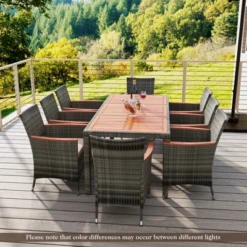 Tangkula 9PCS Patio Rattan Furniture Dining Set Acacia Wood Table Cushioned Chair For Outdoor