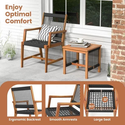Tangkula 3 PCS Solid Acacia Wood Patio Set All-Weather Rope Woven Chair Garden Poolside 5 Tangkula 3 PCS Solid Acacia Wood Patio Set All-Weather Rope Woven Chair Garden Poolside - Image 5