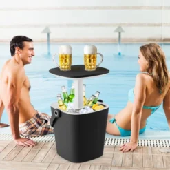 Tangkula Portable Cooler Table With Handle Cooler W/ Lift Top Lid & Bottle Opener 3-in-1 Outdoor Cocktail Drink Table Black/Blue