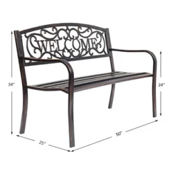Tangkula Antique Metal Garden Bench with Welcome Pattern Armrests -Tangkula Shop GUEST b2ce2df7 8af8 4ab2 8168 71bfbf83c4e3