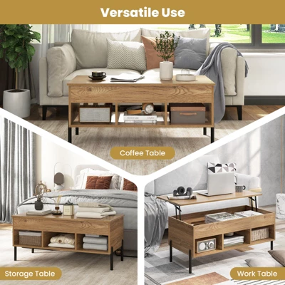 Tangkula Lift Top Coffee Table With Metal Legs Rising Center Table With Hidden Compartment & 3 Open Cubbies Multifunctional Dining Working Table 4 Tangkula Lift Top Coffee Table With Metal Legs Rising Center Table With Hidden Compartment & 3 Open Cubbies Multifunctional Dining Working Table - Image 4