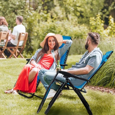 Tangkula Oversized Zero Gravity Lounge Chair Folding Recliner W/ Cup Holder & Pillow Blue 1 Tangkula Oversized Zero Gravity Lounge Chair Folding Recliner W/ Cup Holder & Pillow Blue