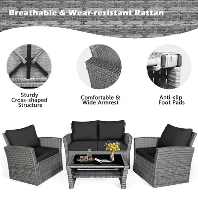 Tangkula 4-Piece Patio Rattan Conversation Set with Black Cushions & Coffee Table 7 Tangkula 4-Piece Patio Rattan Conversation Set with Black Cushions & Coffee Table - Image 7