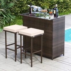 Tangkula 3 Pieces Patio Bar Set PE Wicker Outdoor Bar Table & Stools Set W/ Removable Cushions