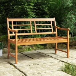 Tangkula Patio Acacia Wood Bench Wooden 2-Person Outside Chair W/Curved Armrests Slatted Seat & Backrest Outdoor Loveseat