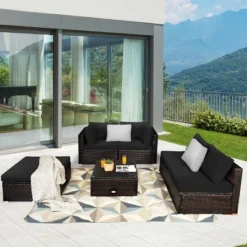 Tangkula 6-Piece Rattan Outdoor Sectional Sofa Set - Modern Patio Furniture with Black Cushions