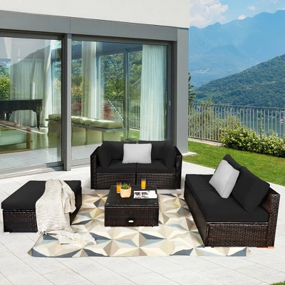 Tangkula 6-Piece Rattan Outdoor Sectional Sofa Set - Modern Patio Furniture with Black Cushions 1 Tangkula 6-Piece Rattan Outdoor Sectional Sofa Set - Modern Patio Furniture with Black Cushions