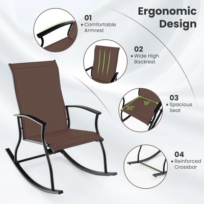 Tangkula Set of 2 Outdoor Rocking Chairs with Breathable Fabric - Brown 7 Tangkula Set of 2 Outdoor Rocking Chairs with Breathable Fabric - Brown - Image 7