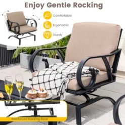Tangkula 5PCS Cushioned Patio Dining Set Heavy-Duty Rocking Chairs With 4-in-1 Fire Pit Table