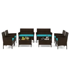 Tangkula 8 Piece Patio Rattan Conversation Set Outdoor Wicker Furniture Set W/ Chair Loveseat & Tempered Glass Table Beige/Black/Gray/Navy/Turquoise -Tangkula Shop GUEST b57a599d 5144 4a5a aa8c 439150905c4e