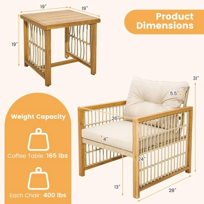 Tangkula 3PCS Patio Acacia Wood PE Wicker Furniture Set W/ Soft Seat & Back Cushions 8 Tangkula 3PCS Patio Acacia Wood PE Wicker Furniture Set W/ Soft Seat & Back Cushions - Image 8