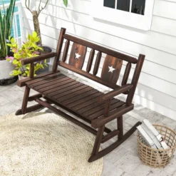 Tangkula Outdoor Carbonized Wood Rocking Bench Double Rocking Chair For 2 Persons W/ Wide Curved Seat