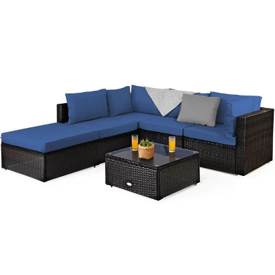 Tangkula 6PCS Patio Rattan Furniture Set Outdoor Sectional Sofa Set W/Coffee Table & Ottoman Black/Navy/Turquoise/Red/Brown 4 Tangkula 6PCS Patio Rattan Furniture Set Outdoor Sectional Sofa Set W/Coffee Table & Ottoman Black/Navy/Turquoise/Red/Brown - Image 4