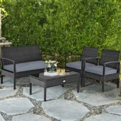 Tangkula 8-Piece Outdoor Rattan Conversation Set with 2 Loveseats, 4 Chairs, and 2 Tables