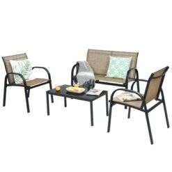 Tangkula 4PCS Metal Coversation Set With Black Coffee Tbale Brown -Tangkula Shop GUEST b6a9f3a2 d452 4220 ab0a 60bc845b6f3a